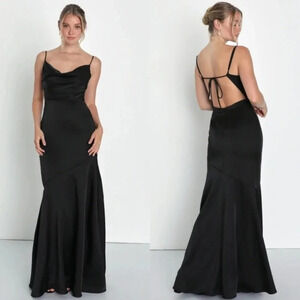 Lulus Gala Glamour Black Satin Backless Mermaid Maxi Dress Wedding Party Prom